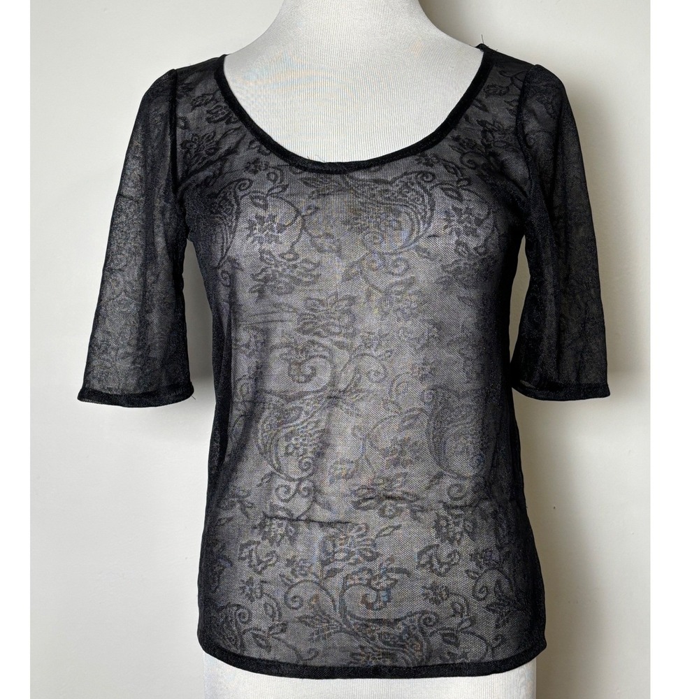 GIRLS Italy Womens Sheer Mesh Top S Black Lace Whimsigoth Floral Going Out‎